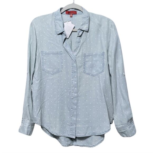 NWT RED SAKS FIFTH AVENUE Chambray Tencel Polka Dot Button Up Shirt M - Picture 2 of 8
